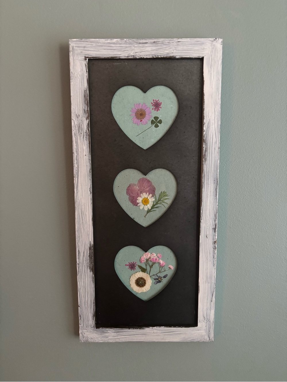 Rustic Pressed Flower Heart Wall Art - 17" x 8" Distressed White Wood Frame